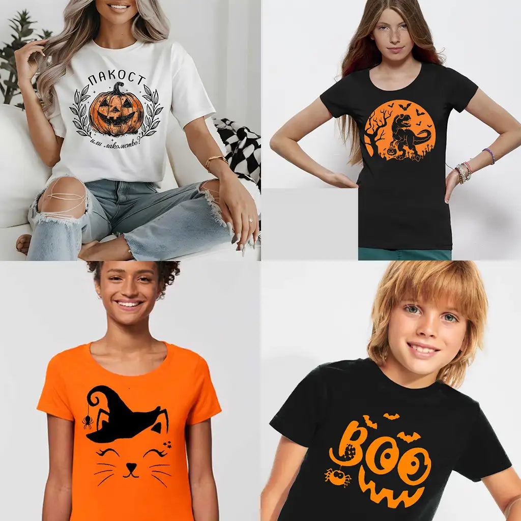 Halloween тениски от органичен памук черни, бели и оранж.