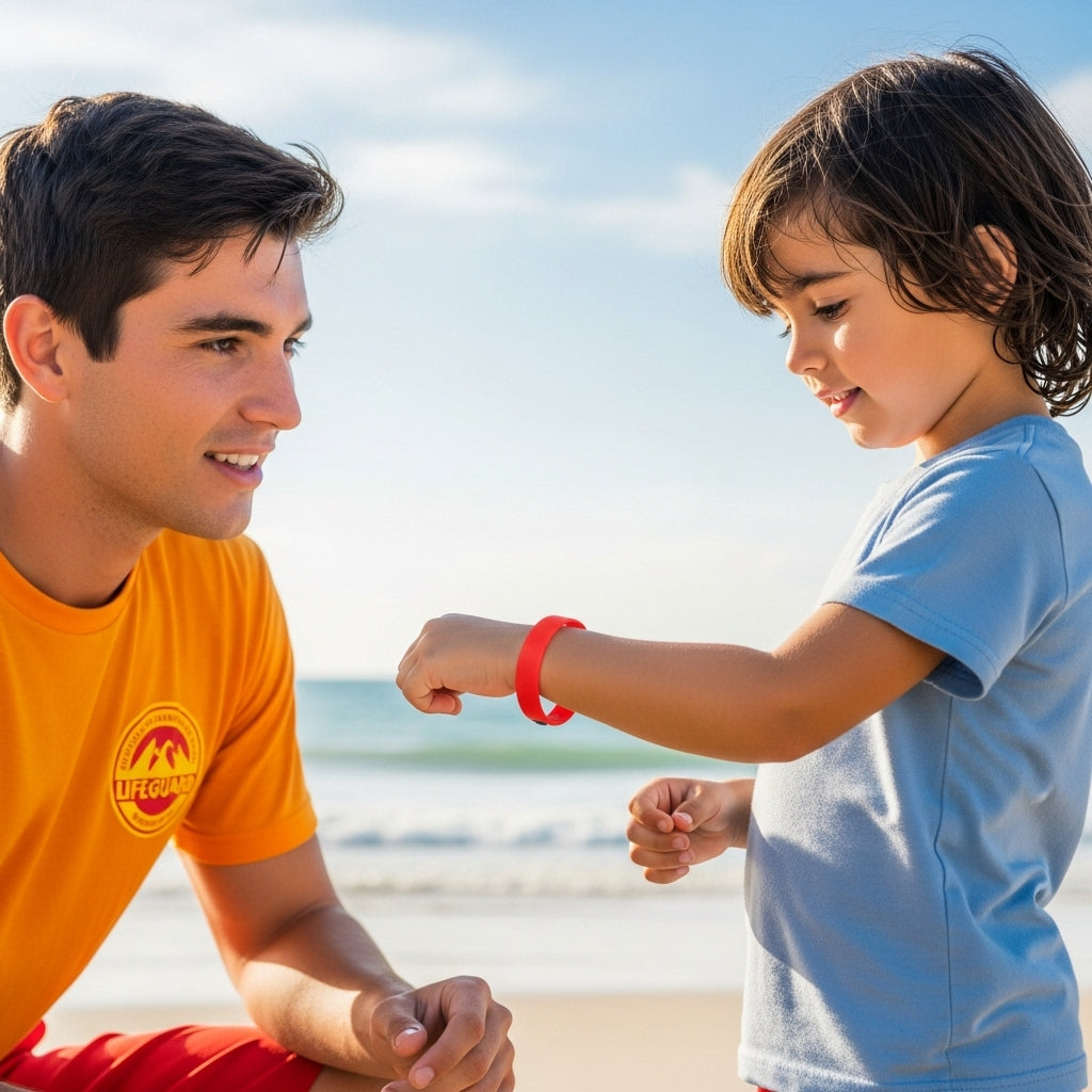 Дете показва своята гривна с телефоните на мама и тате на спасител на плажа.