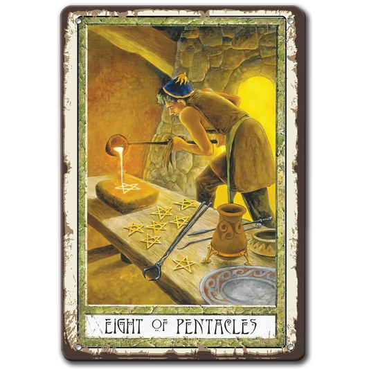 Eight of pentacle tarot метална табела