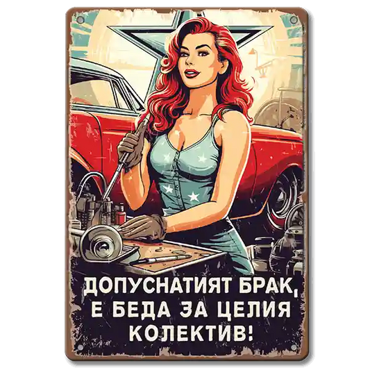 Табела с pin-up и надпис "допуснатият брак е беда за целият колектив"