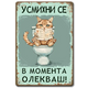 Сладка метална декоративна табела за баня, изобразяваща пухкаво котенце, седнало върху тоалетната чиния и четящо вестник. Надписът над котенцето гласи "Усмихни се! В момента олекваш!"