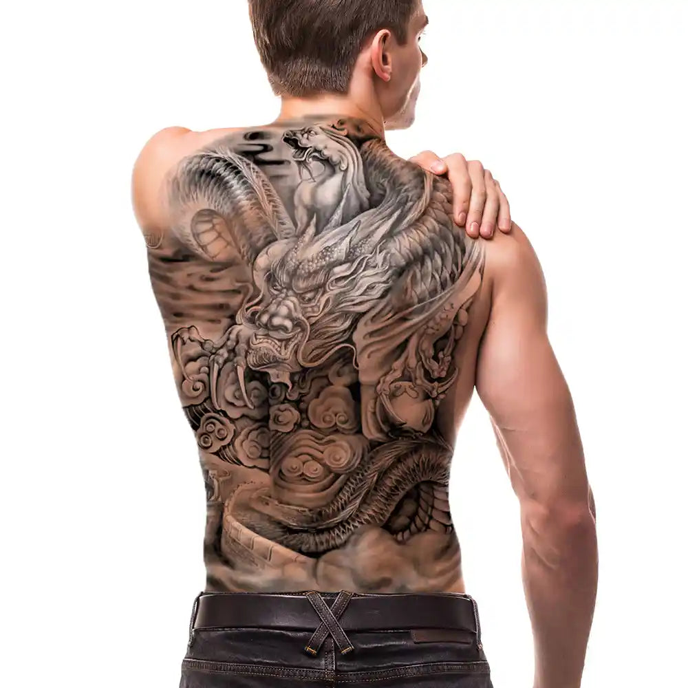 Дракон Якудза - реалистична временна татуировка гръб