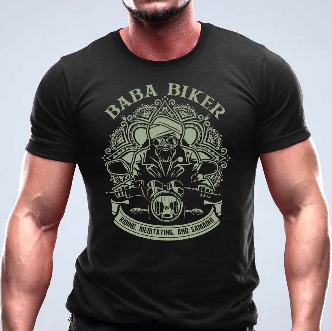 baba biker meditation shirt teniska мото чопър тениска зелена черна 