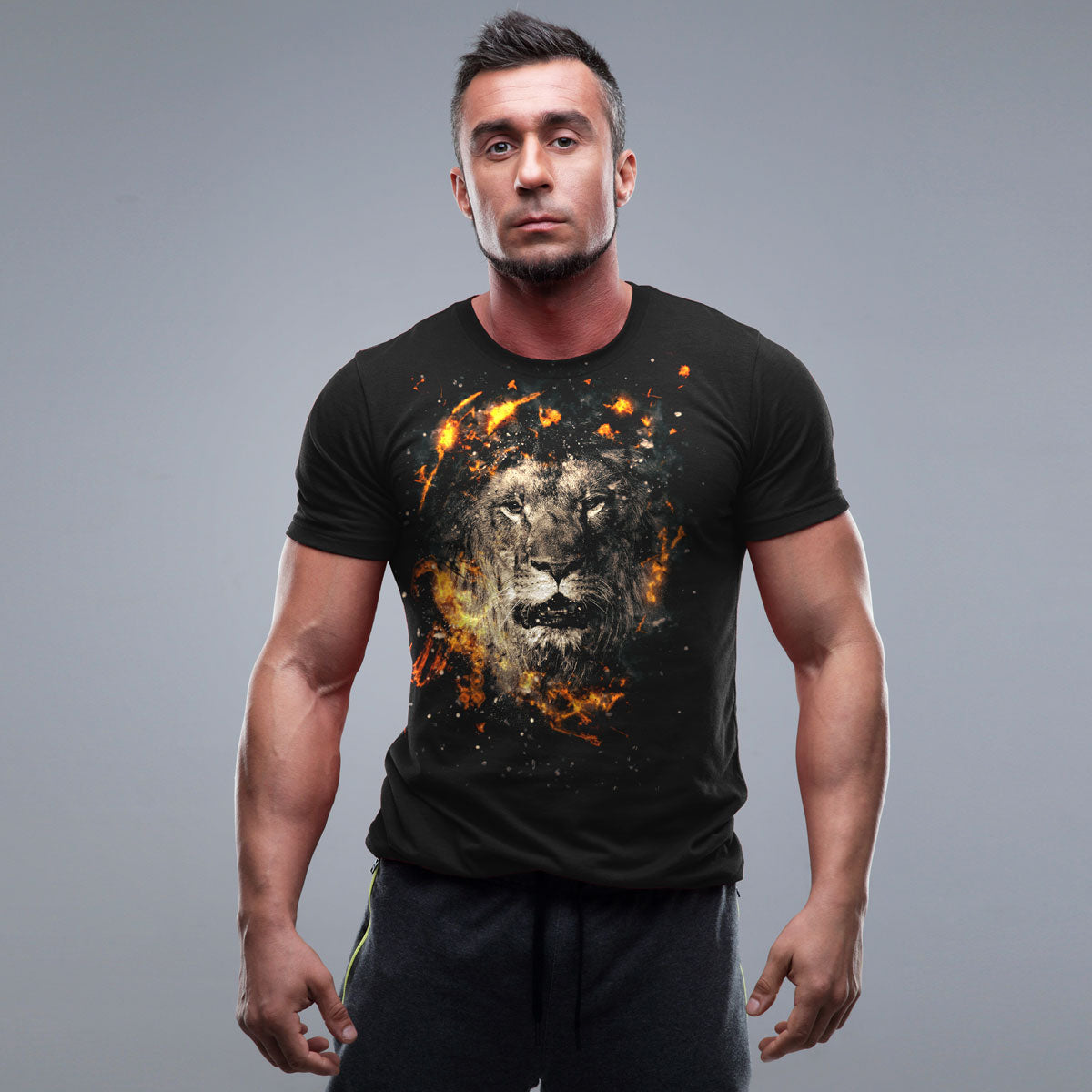 тениска Muscle Lion перфектно качество фланелка къс ръкав черна liratech.bg