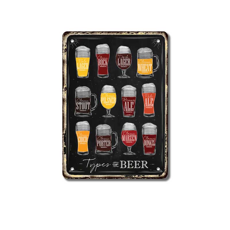 Type of beer vidove bira, Lager bira, tamna bira, portar, sayder, ale bira, katalog, vintage metal sign